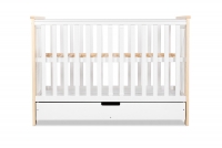 Drewniane łóżeczko dla niemowlaka z szufladą i barierką Iwo - biały/sosna, 120x60 biało-sosnowe łóżeczko niemowlęce z szufladą z prowadnicami 