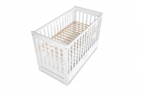 Drewniane łóżeczko dla niemowlaka z szufladą i barierką Iwo - biały, 120x60 łóżeczka z regulowaną wysokością dna  