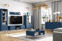Witryna przeszklona Naemo 01 z dwiema szufladami - błękit ciemny / złoty niebieskie meble do salonu