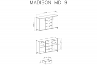 Komoda Madison MD9 z szufladami 140 cm - biały / dąb biszkoptowy Komoda dwudrzwiowa z czterema szufladami Madison MD9 - biały / dąb biszkoptowy - wymiary