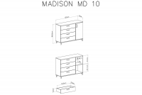 Komoda Madison MD10 z szufladami 120 cm - biały / dąb biszkoptowy Komoda jednodrzwiowa z czterema szufladami Madison MD10 - biały / dąb biszkoptowy - wymiary
