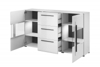 Dwudrzwiowa komoda Tulsa 28 przeszklona z szufladami 180 cm - biały / biały połysk biała komoda z czarnym wnętrzem