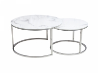 Zestaw stolików kawowych Atlanta B - efekt marmuru / biały / srebrne nogi - 2 elementy stolik kawowy