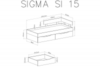 Łóżko młodzieżowe Sigma SI15 L/P z szufladami 90x200 - biały lux / beton / dąb Łóżko młodzieżowe z dwiema szufladami 90x200 Sigma SI15 L/P - biały lux / beton / dąb - schemat
