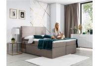 Łóżko kontynentalne z pojemnikami Mattias - 140x200 beżowe łóżko do sypialni 140x200 z wysokim wezgłowiem 