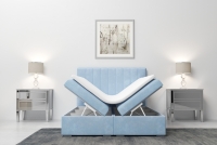Łóżko kontynentalne z pojemnikami Arkadia 140x200  niebieskie łóżko do sypialni z pojemnikami na pościel 