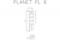 Regał młodzieżowy Planet 6 z szufladami 45 cm - biały lux / dąb / morski Regał młodzieżowy z trzema szufladami Planet 6 - biały lux / dąb / morski - schemat