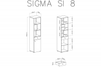Regał młodzieżowy Sigma SI8 L/P z szufladą 45 cm - biały lux / beton / dąb Regał jednodrzwiowy z szufladą i wnękami Sigma SI8 L/P do pokoju młodzieżowego - biały lux / beton / dąb - schemat