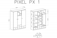 Szafa młodzieżowa Pixel 1 z szufladami 150 cm - dąb biszkoptowy / biały lux / szary Szafa młodzieżowa Pixel 1 - dąb biszkoptowy/biały lux/szary - schemat