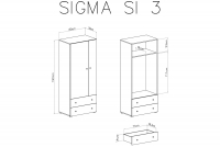 Szafa młodzieżowa Sigma SI3 L/P z szufladami 80 cm - biały lux / beton / dąb Szafa dwudrzwiowa z dwiema szufladami Sigma SI3 L/P do pokoju młodzieżowego - biały lux / beton / dąb - schemat